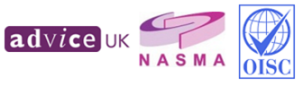 An image of the logos of Advice UK, the National Association of Student Money Advisers (NASMA) and the Office of the Immigration Services Commissioner (OISC)